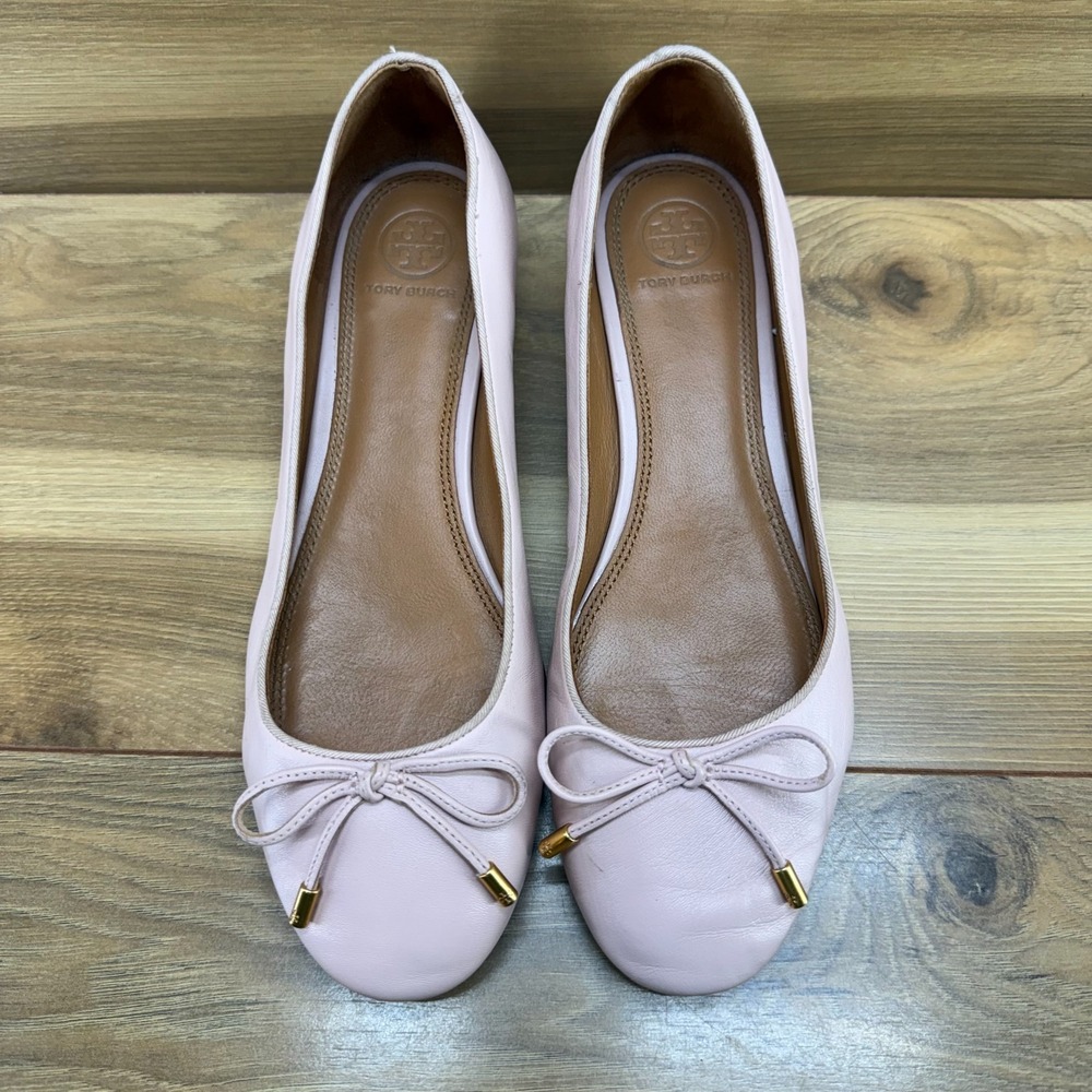 Tory Burch Bow Low Heeled Pumps 8‎ M Light Pink Soft Leather Chic Office Casual